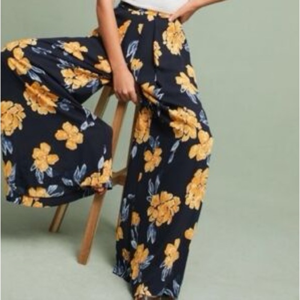 Anthropologie Paper Crown Primrose Wide Leg Floral Pleated Pants